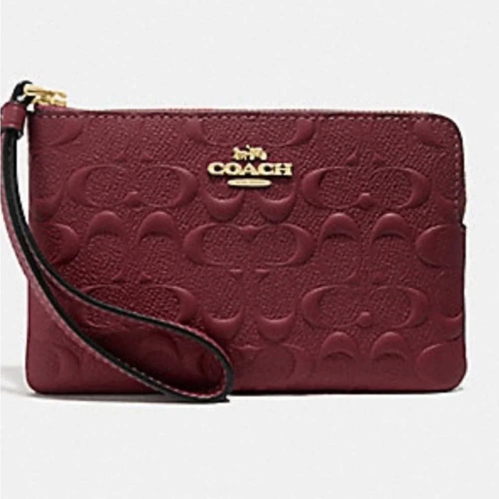 Coach Corner Zip Signature Leather Wristlet Wallet